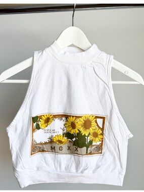 Vtg 90s Mexx Sunflower Mock Neck Crop Tank White 16.5x16 Cottagecore Coquette
